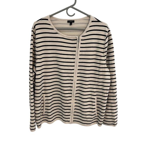 Talbots Striped Cardigan Womens Size 2X Black Off White Zip Knit Sweater Preppy - Picture 1 of 8